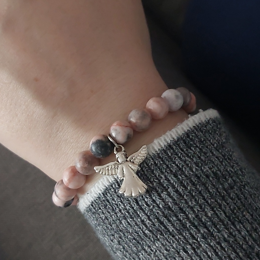 Pink & Brown Tourmaline Beaded Bracelet W/ Angel Charm